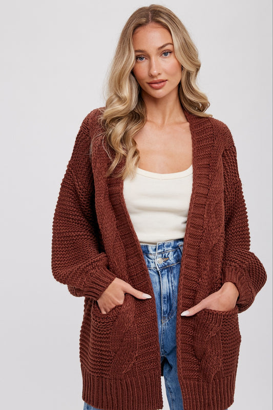 Chunky Cable Lantern Sleeve Cardigan