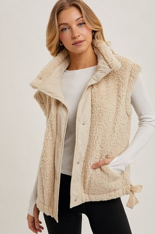 Rose Colored Comfy Button Down Mock Neck Fleece Sherpa Vest