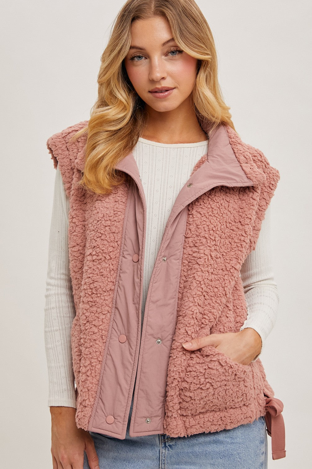 Rose Colored Comfy Button Down Mock Neck Fleece Sherpa Vest