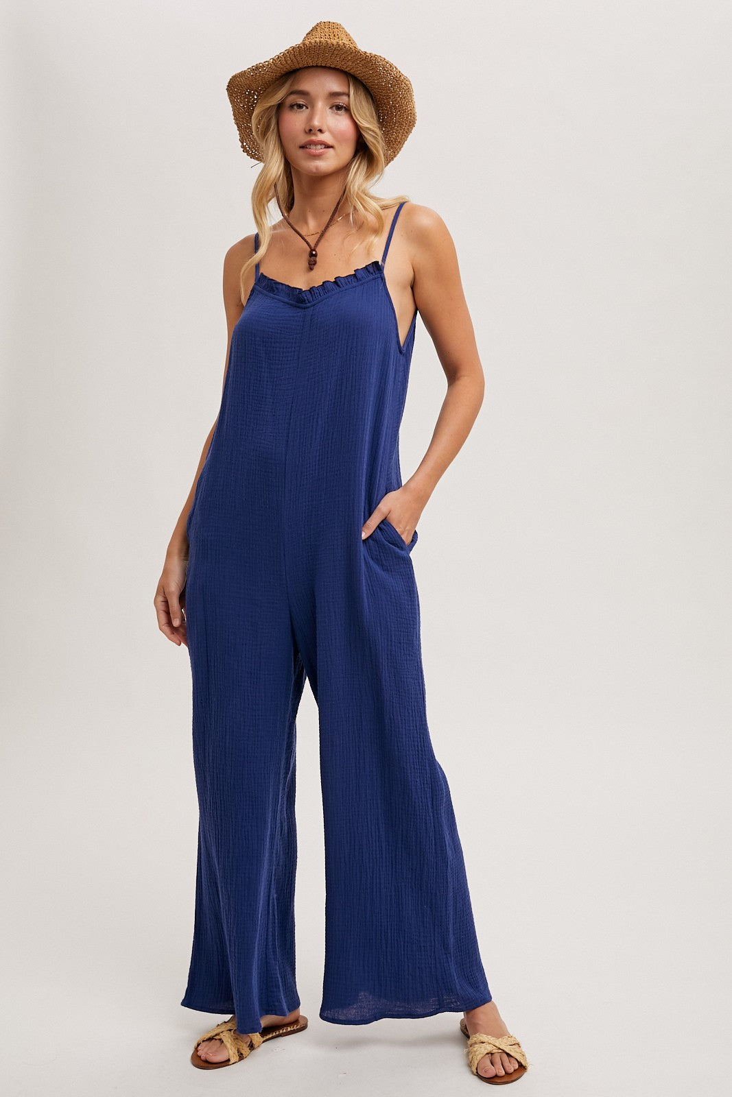 Sleeveless Scoop Back Ruffled Neckline Jumpsuit