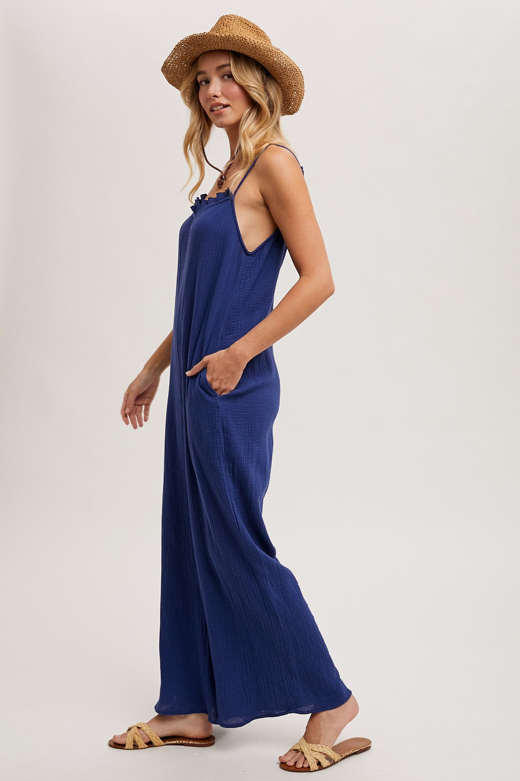 Sleeveless Scoop Back Ruffled Neckline Jumpsuit