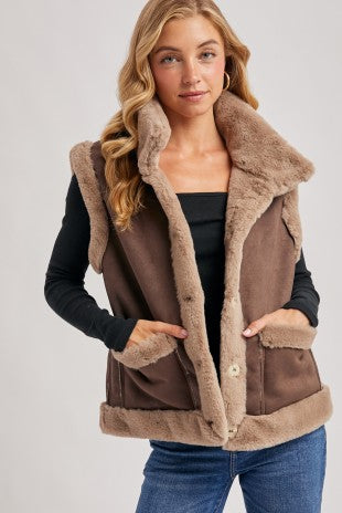 Tan Faux Suede With Faux Shearling Lining Trim Vest