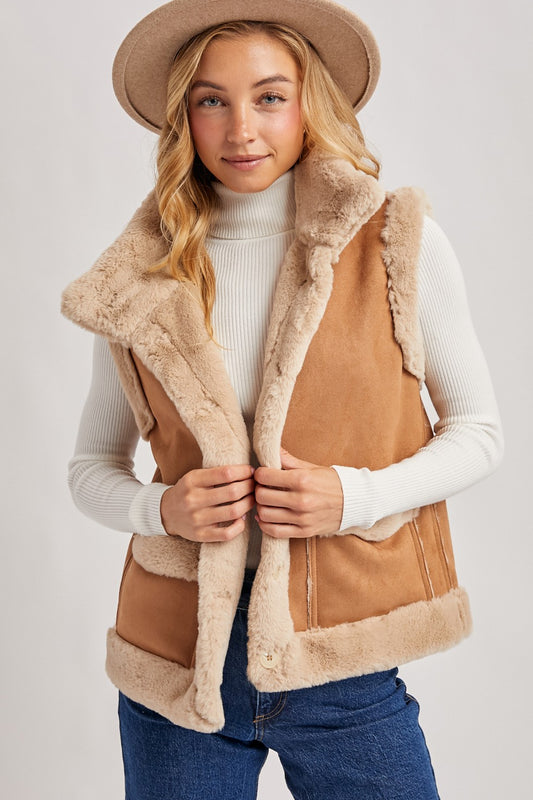 Tan Faux Suede With Faux Shearling Lining Trim Vest