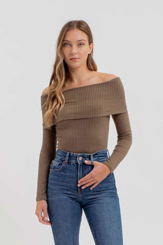 Foldover off the shoulder long sleeve top in Olive, Black and Camel