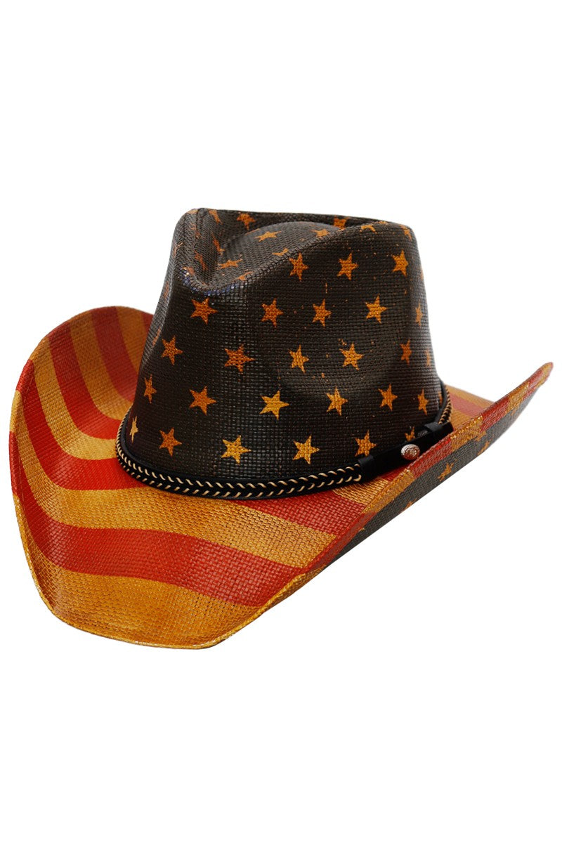 Braided Belt Rustic American Flag Straw Cowboy Hat