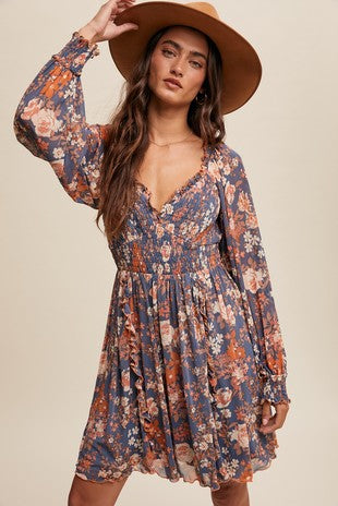 Floral Print Smocked Long Sleeve Dress