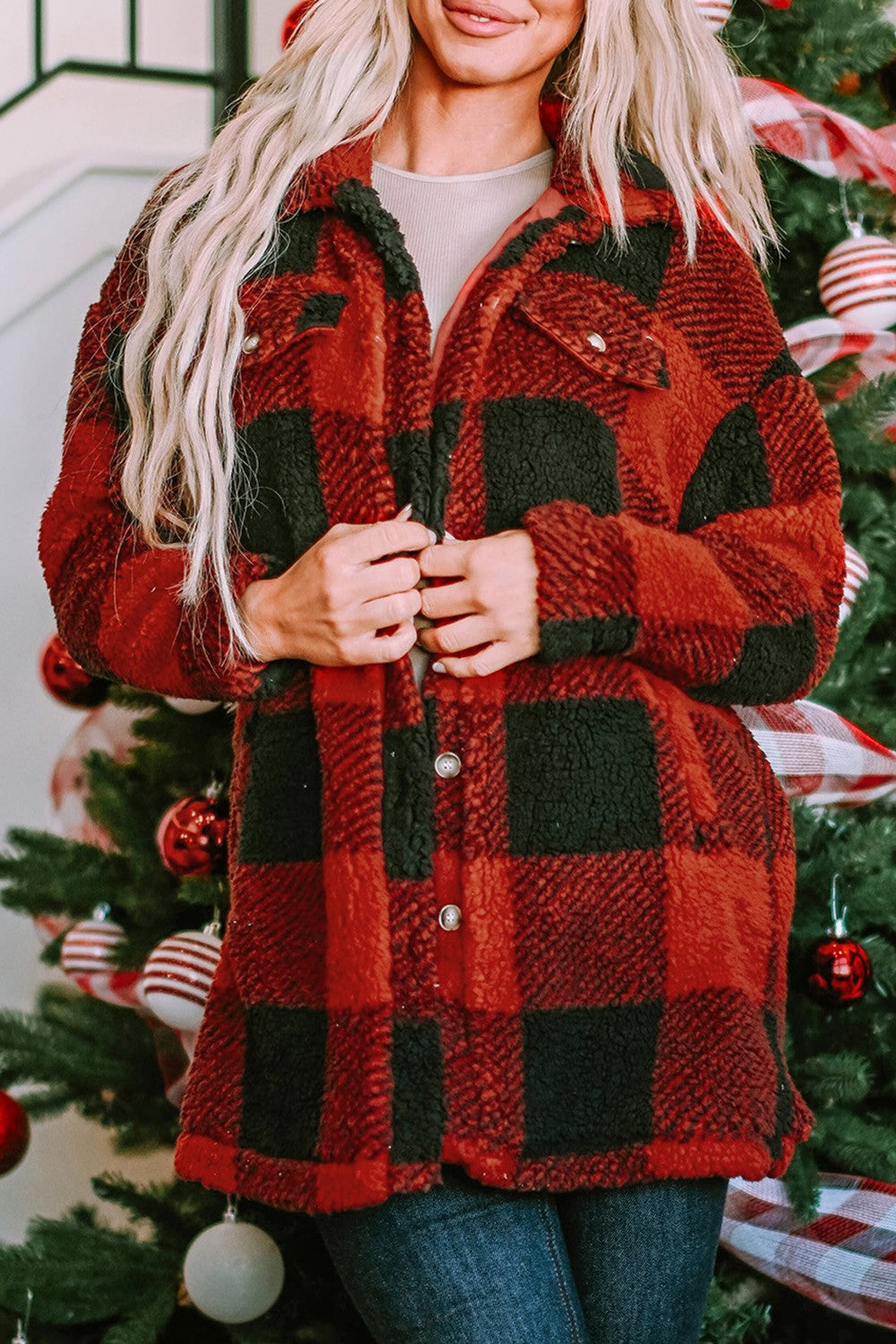 Fuzzy Red/Black Plaid Button up Shirt