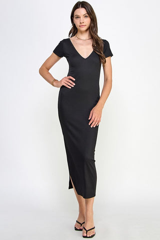 Double V-Neck Ribbed Maxi Dress