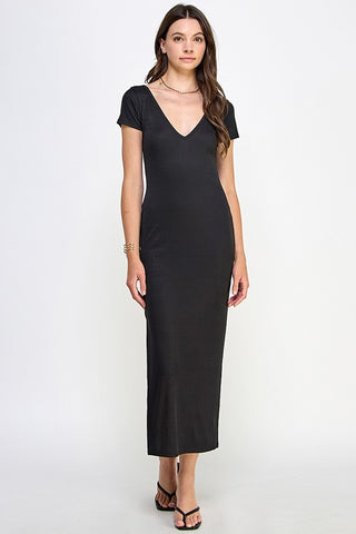 Double V-Neck Ribbed Maxi Dress