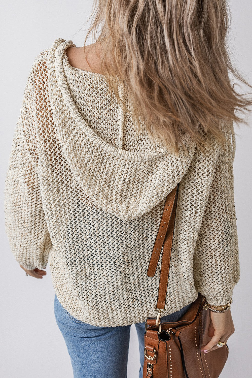Cream Crochet Knit Kangaroo Pocket V Neck Hooded Beachy Sweater SOLD OUT
