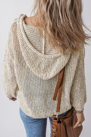 Cream Crochet Knit Kangaroo Pocket V Neck Hooded Beachy Sweater