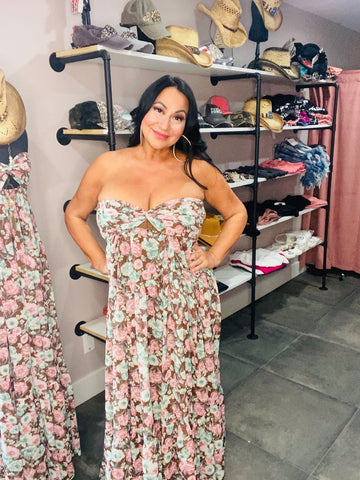 Brown Floral Flowy Strapless Maxi Dress