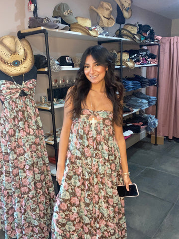 Brown Floral Flowy Strapless Maxi Dress