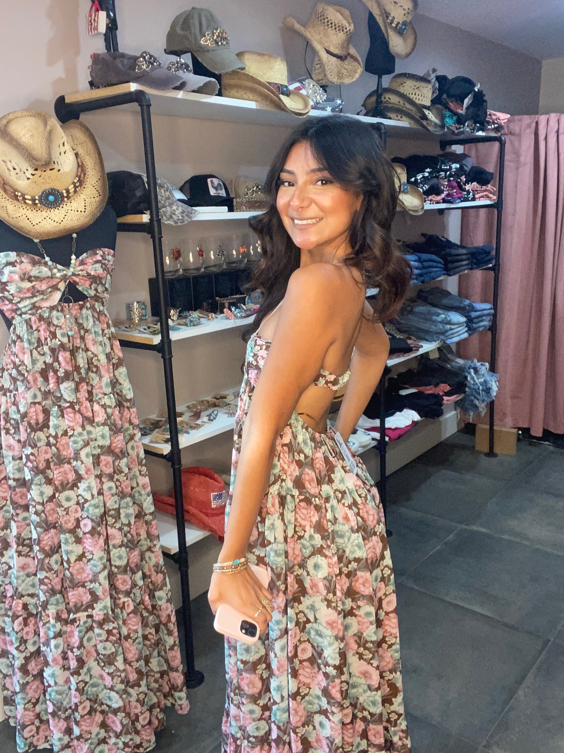Brown Floral Flowy Strapless Maxi Dress Just G' Clothing Boutique Brown Floral Flowy Strapless Maxi Dress Just G' Clothing Boutique