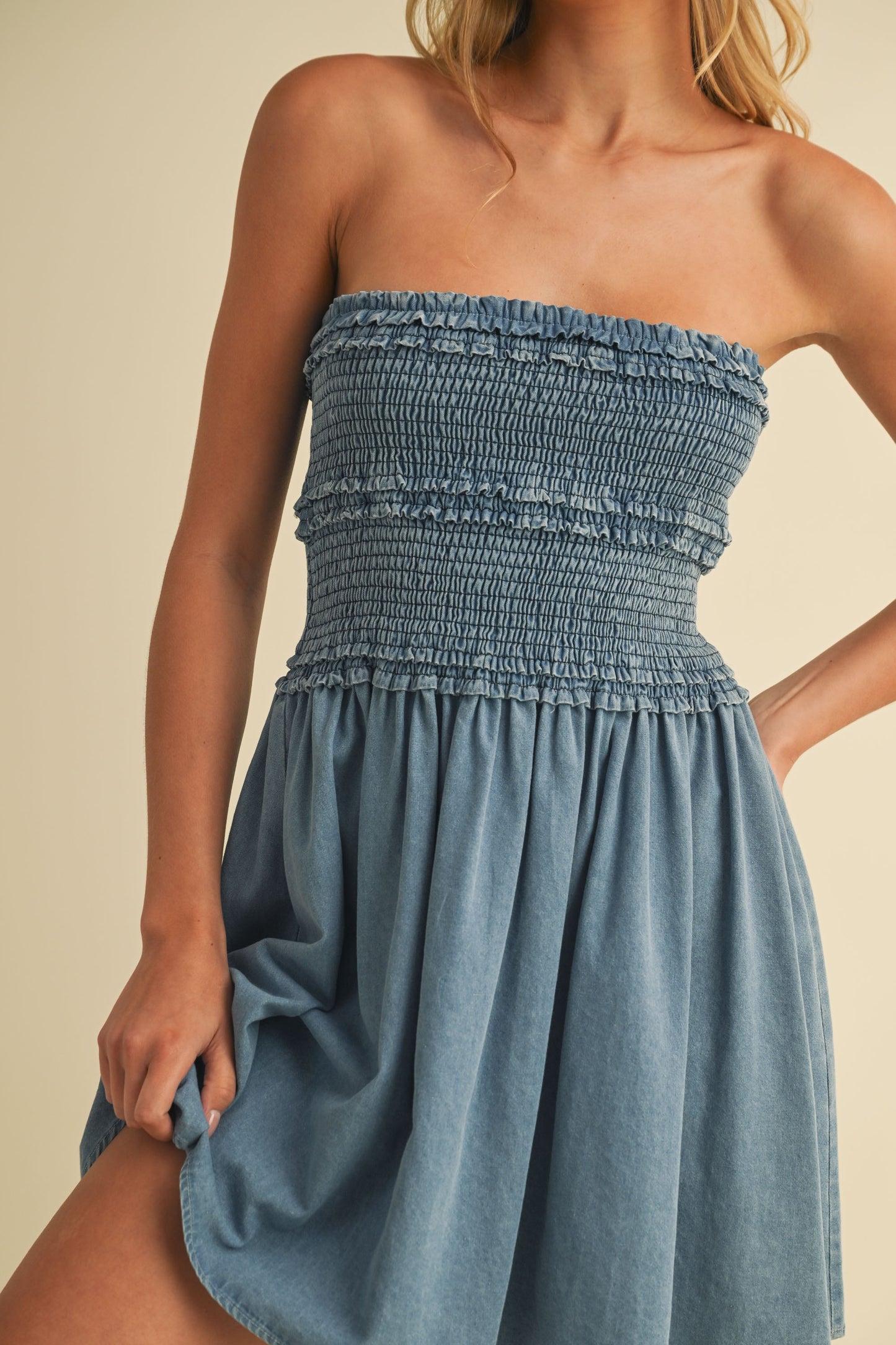 Comfy Tube Smocking Denim Flared Mini Dress