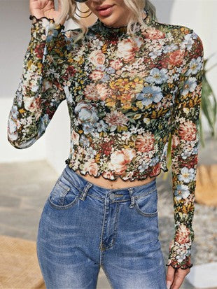 Brown Floral Long Sleeve Mesh Top