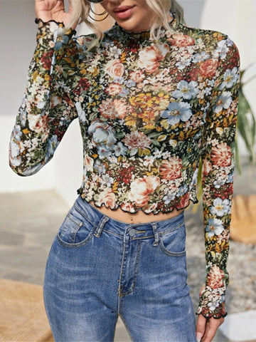 Brown Floral Long Sleeve Mesh Top