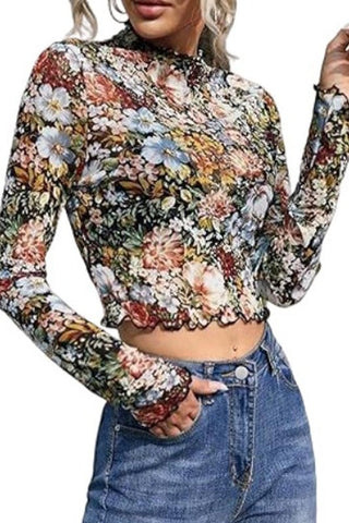 Brown Floral Long Sleeve Mesh Top