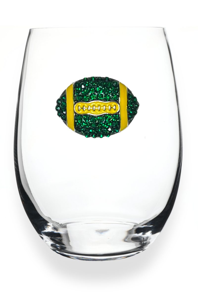 Green and Gold Football Jeweled Stemless Wine Glass SOLD OUT FOR NOW