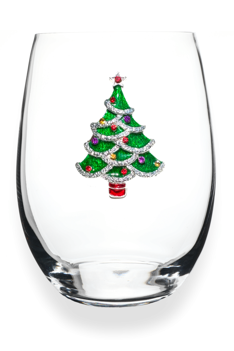 Christmas Tree Jeweled Stemless Wine Glass