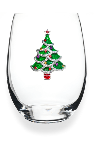 Christmas Tree Jeweled Stemless Wine Glass