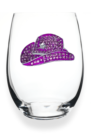 Pink Cowboy Hat Jeweled Stemless Wine Glass