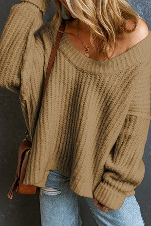 Soft Ribbed Knit Round Neck Slouchy Chunky Sweater