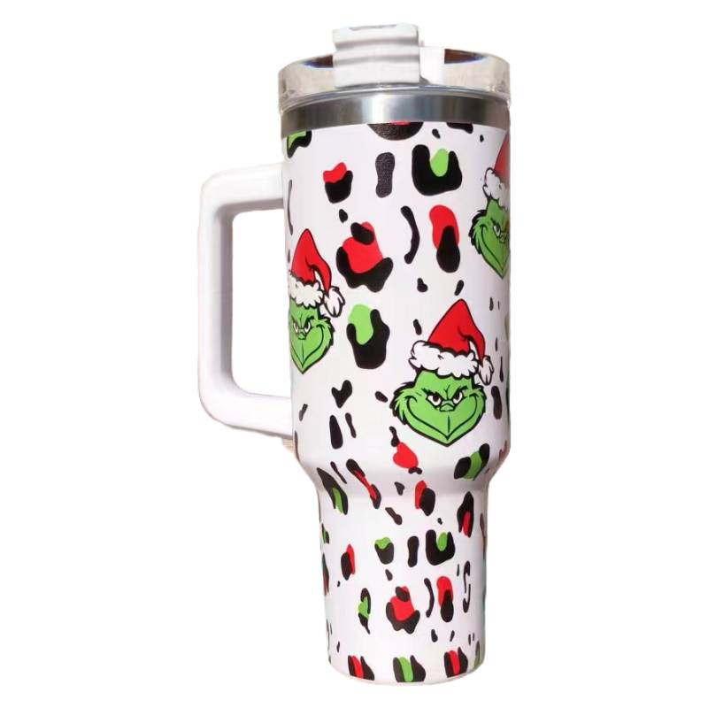 Christmas 2025 Grinch 40oz Insulated Tumbler with Handle and Straw Car Travel Mug, Hot & Cold Stainless Steel Cup