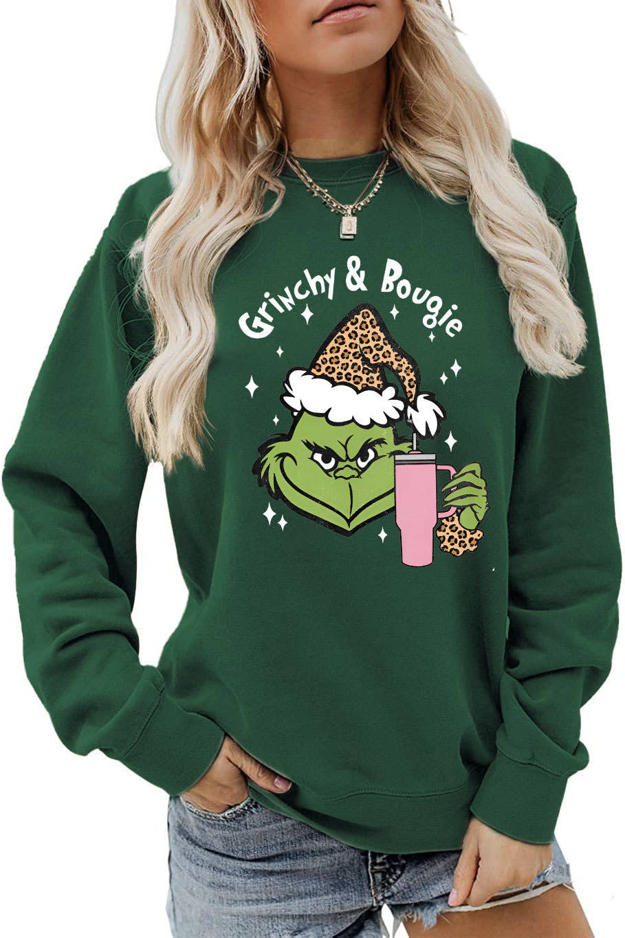 Fun and Cute Holiday Grinch & Bougie Graphic Christmas Sweatshirt