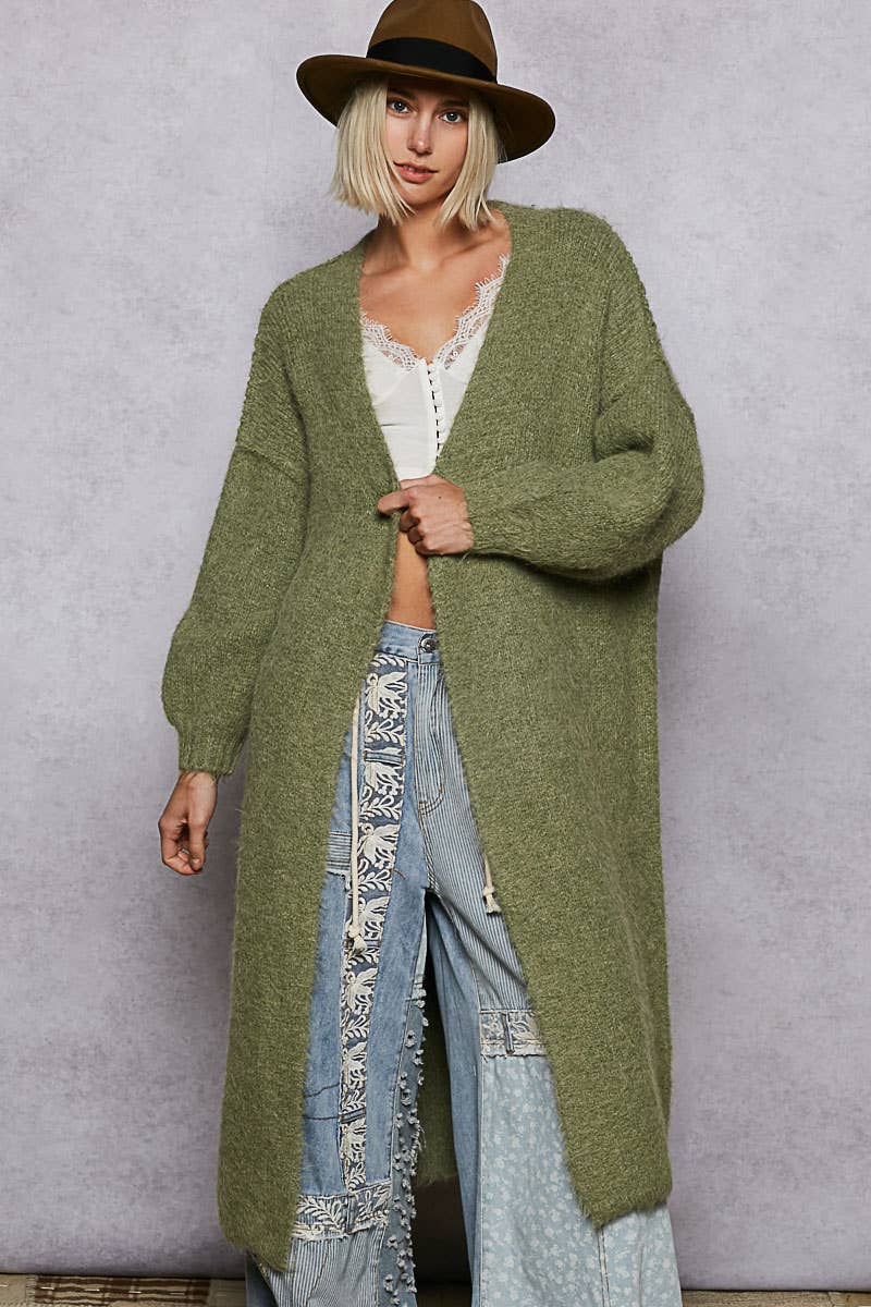 Oversized rolling edge detail open front cardigan sweater