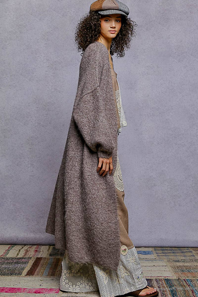 Oversized rolling edge detail open front cardigan sweater