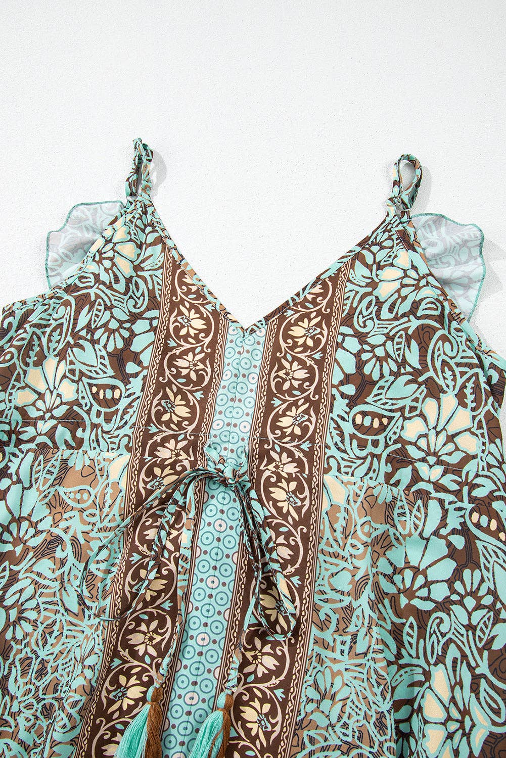Green Floral Print V Neck Ruffled Trim Backless Tassel Waist Maxi Dress