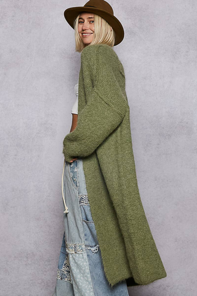 Oversized rolling edge detail open front cardigan sweater