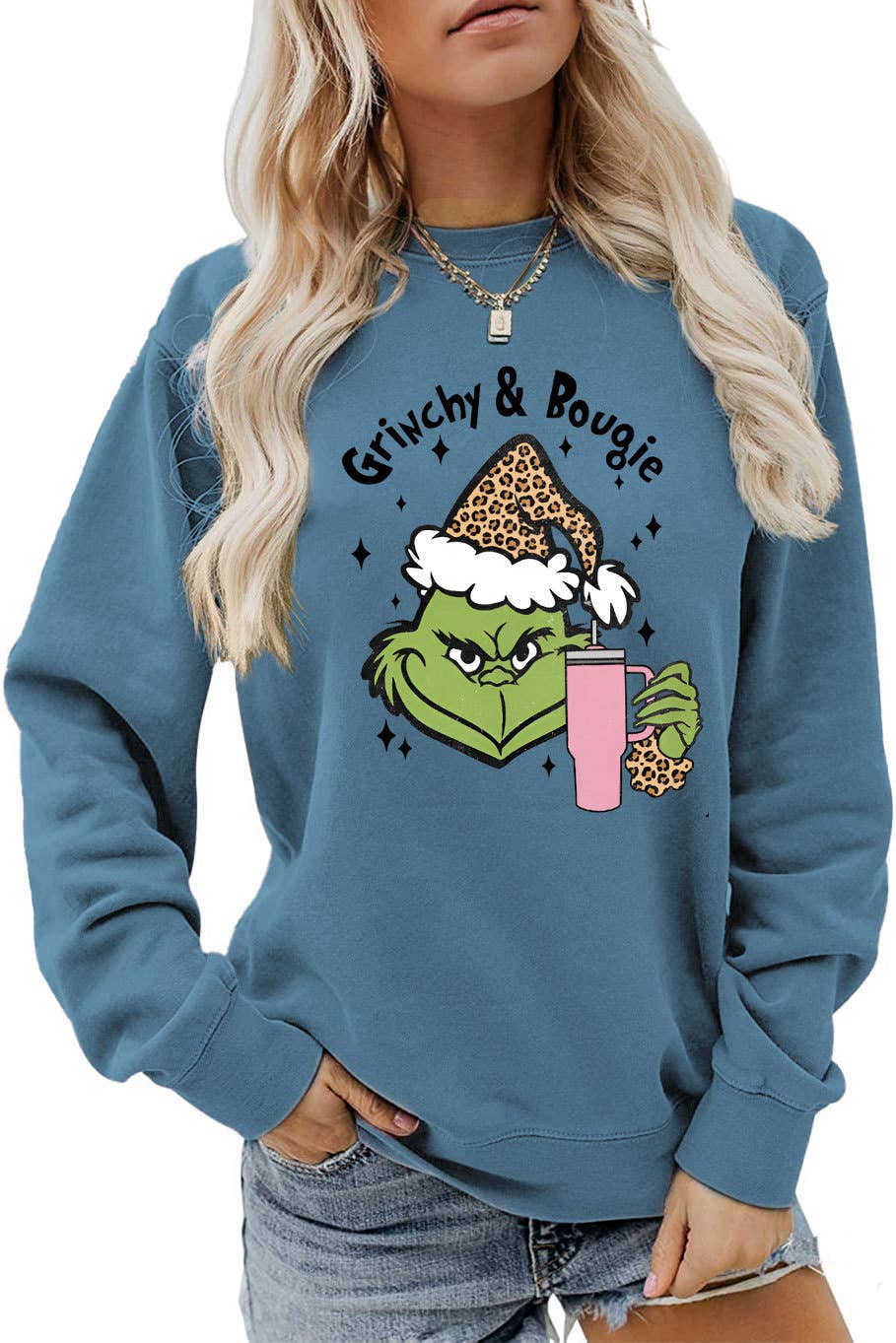 Fun and Cute Holiday Grinch & Bougie Graphic Christmas Sweatshirt