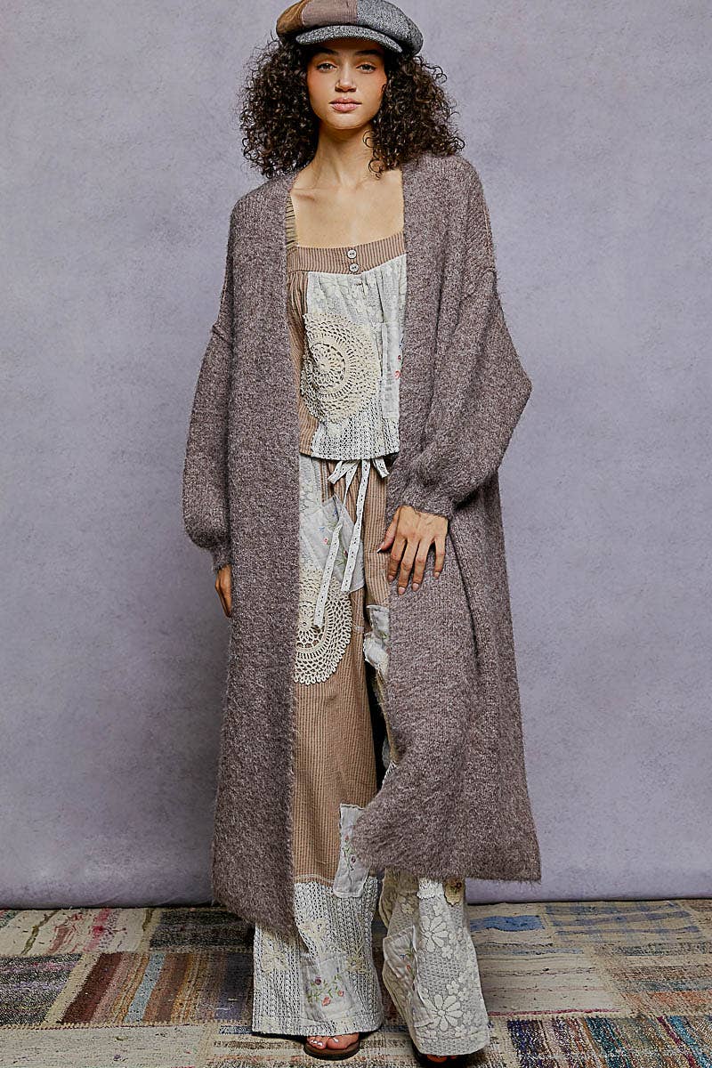 Oversized rolling edge detail open front cardigan sweater