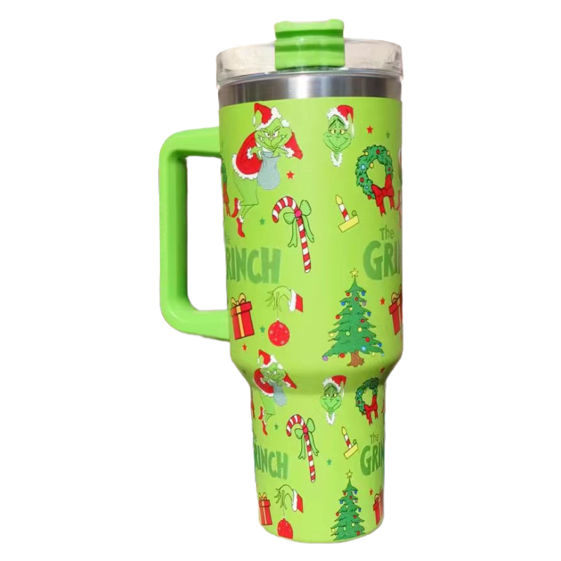 Christmas 2025 Grinch 40oz Insulated Tumbler with Handle and Straw Car Travel Mug, Hot & Cold Stainless Steel Cup