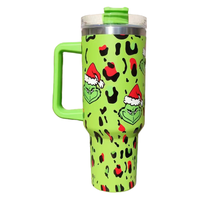 Christmas 2025 Grinch 40oz Insulated Tumbler with Handle and Straw Car Travel Mug, Hot & Cold Stainless Steel Cup