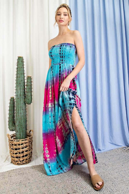 Tie Dye Strapless Smocked Maxi Dress