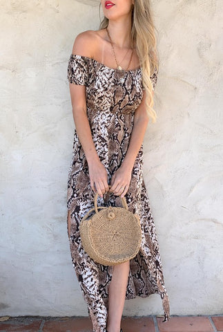 Snake Printed Smocking Off Shoulder Maxi Dress SOLD OUT