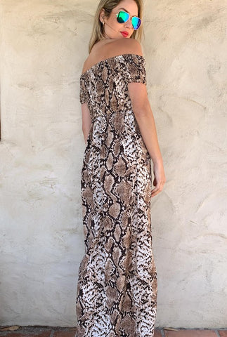 Snake Printed Smocking Off Shoulder Maxi Dress SOLD OUT