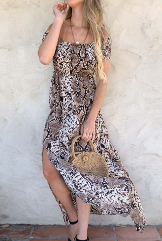 Snake Printed Smocking Off Shoulder Maxi Dress SOLD OUT