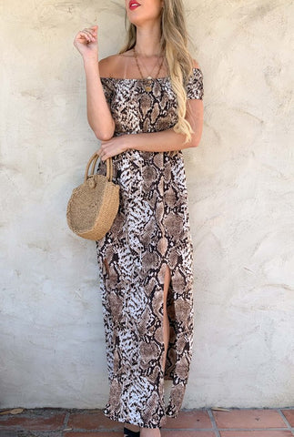 Snake Printed Smocking Off Shoulder Maxi Dress SOLD OUT